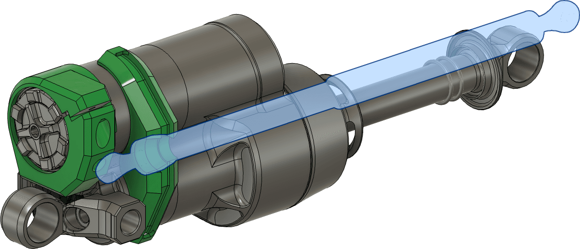 A CAD render of a custom BYB Telemetry sensor mounting for an Intend Hover rear shock absorber, with the 3D-printed brackets shown in green clamped around the shock body and the sensor drawn as a translucent overlay.