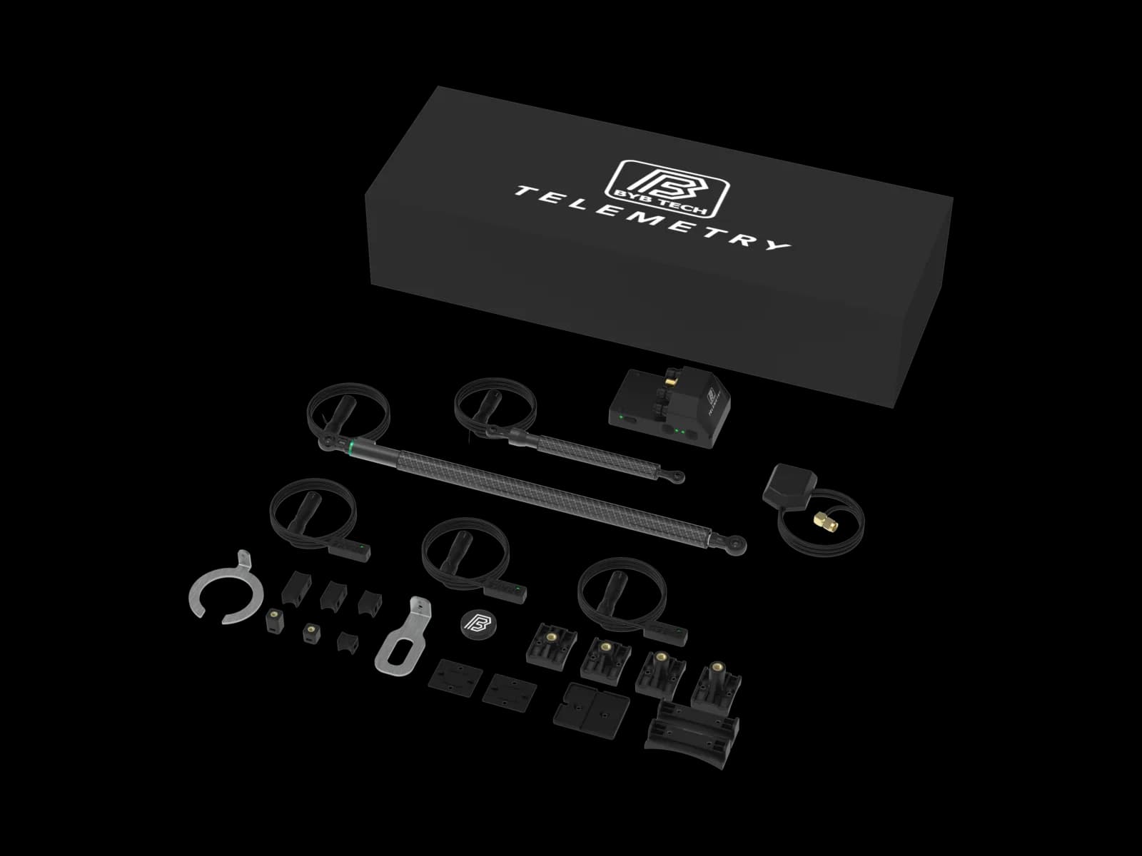 The Telemetry V3 Pro MTB kit from a second angle, with the mounting hardware spread out below the two sensors.