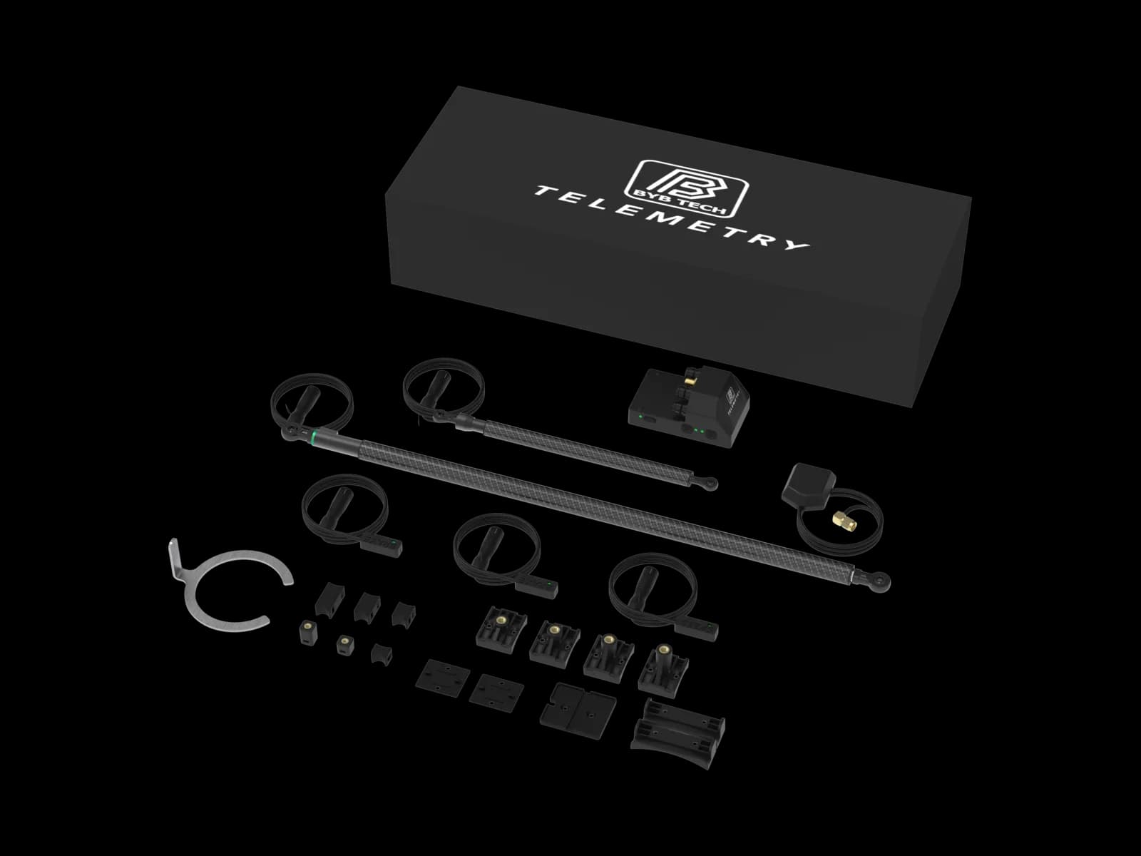 The Telemetry V3 Pro MX kit from a second angle, the brackets and fasteners laid out in rows beneath the sensors.
