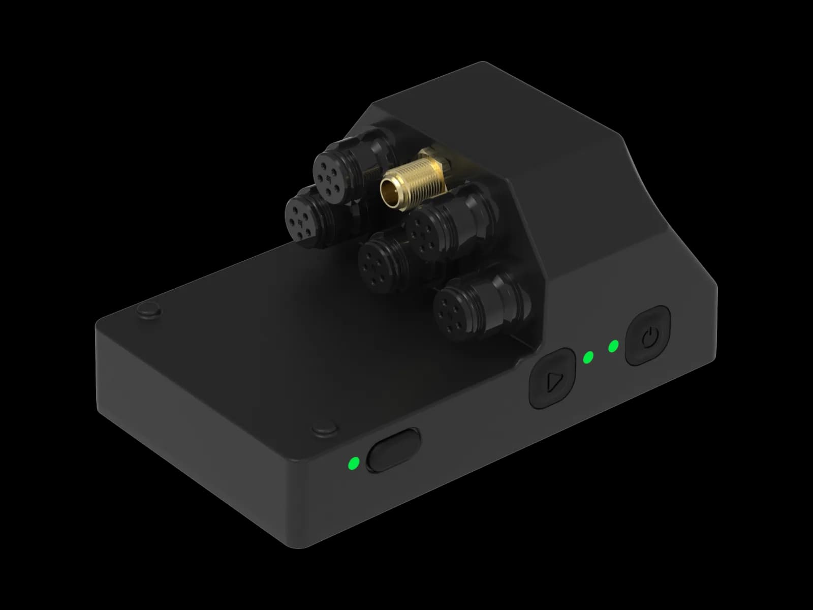 The Telemetry V3 Pro acquisition unit: a wedge-shaped black body with a bank of circular screw-lock sensor connectors around a gold coaxial antenna socket, a triangular record button, a power button and green status lights.